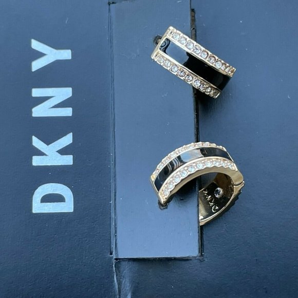 DKNY Women Earrings GoldBlack Tone Crystal Accent Hinge Ladies Ear Jewelry New - Picture 5 of 12